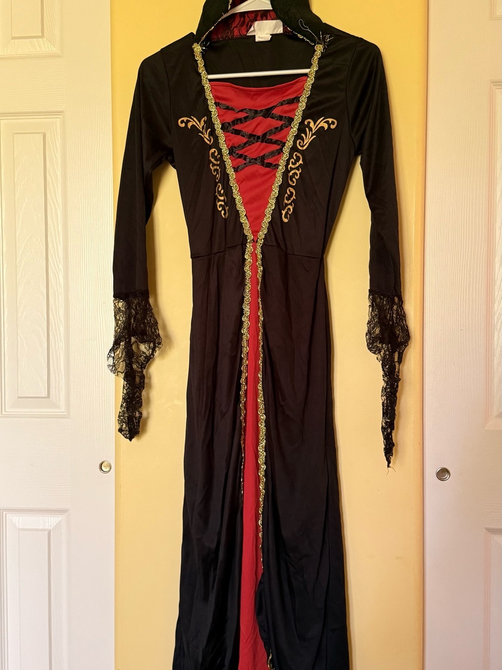 Black and Red Long-Sleeve Lace-Up Maxi Dress with Gold Trim